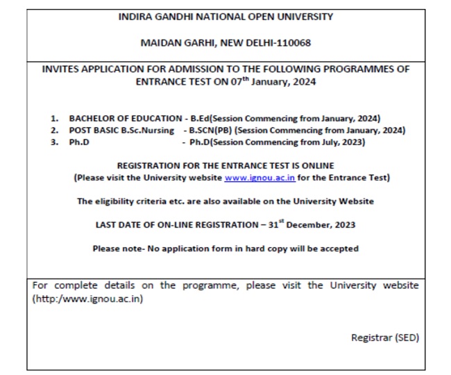 IGNOU Admission 2024 : IGNOU ’ਚ B.Ed, PhD ਤੇ B.Sc ਨਰਸਿੰਗ ਦੇ ਦਾਖਲੇ ਲਈ ...